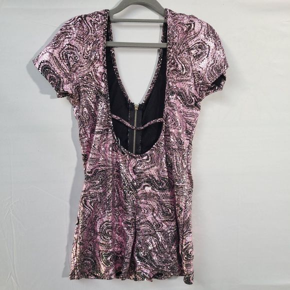 AsYou Sequin-Pink Plunge Zip Front Backless Romper W/ Zebra Pattern US 10 UK 12 - Picture 3 of 10